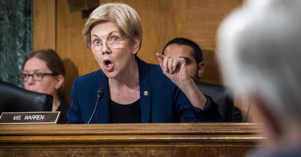 Senator Elizabeth Warren speaking about Wells Fargo. Pete Marovich | Bloomberg | Getty Images.