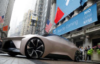 Chinese electric vehicle start-up Nio Inc. vehicle is parked in front of the New York Stock Exchange (NYSE) to celebrate the company’s initial public offering (IPO) in New York, U.S., September 12, 2018. REUTERS/Brendan McDermid