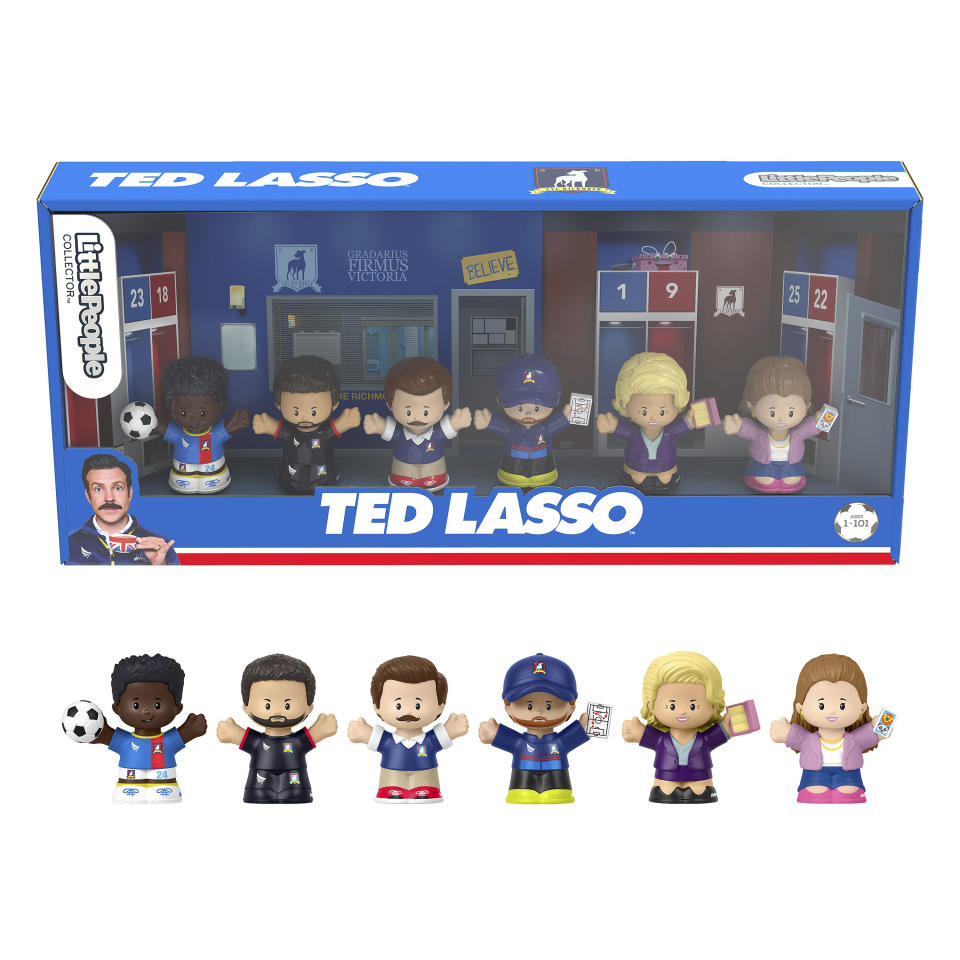 This photo shows the Fisher-Price Little People “Ted Lasso” set. There’s a wide range of adult-friendly amusements to choose from this holiday gift season. (Warner Bros. Consumer Products and Fisher-Price via AP)