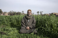 Yassin Saeed 76, an Egyptian farmer sits on a plot of land in the town of Atfih, Giza, Egypt, Tuesday, Jan. 12, 2021. Saeed remembers when the Nile’s annual flood drenched his village in the years before the construction of Aswan High Dam. Then came the dam, which officially opened after more than a decade of construction on January 15, 1971. Since then, crops grow year-round, but it also displaced members of the country's Nubian minority and had a lasting environmental impact on the region. (AP Photo/Nariman El-Mofty)