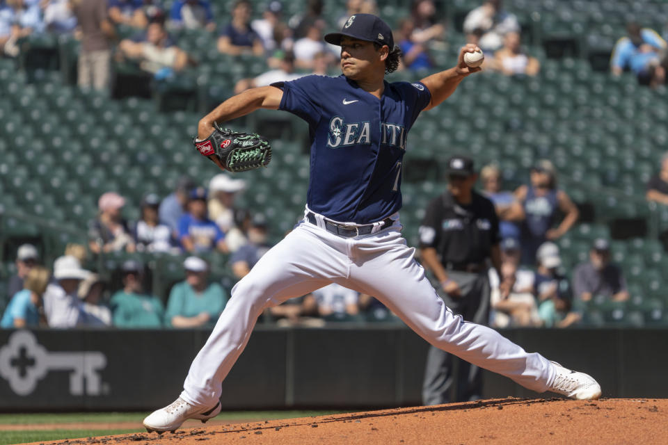 Seattle Mariners starter Marco Gonzales delivers a pitch during the second inning of a baseball game against the Cleveland Guardians, Thursday, Aug. 25, 2022, in Seattle. (AP Photo/Stephen Brashear)