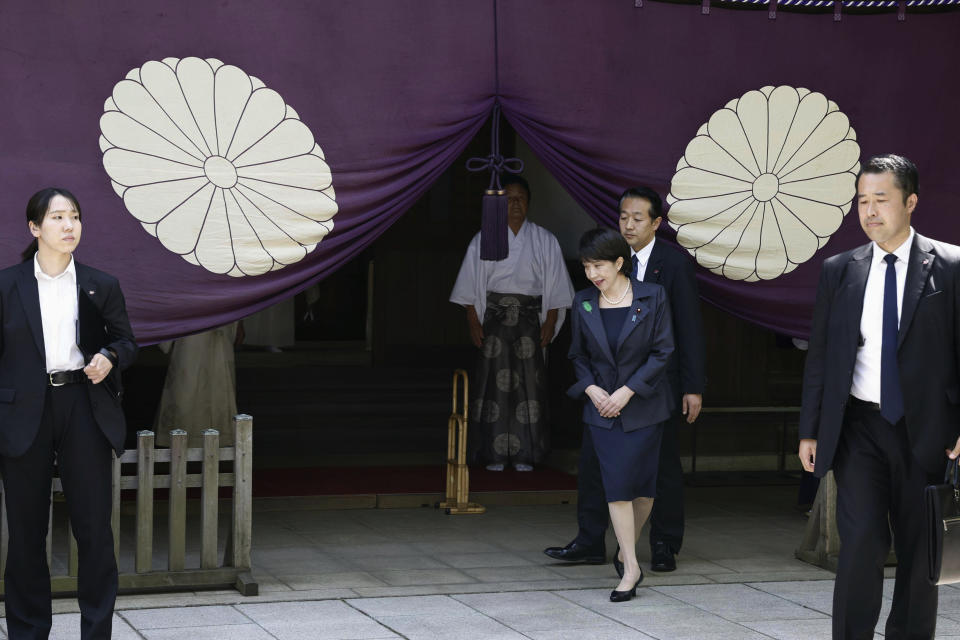 Japan's Economic Security Minister Sanae Takaichi leaves Yasukuni Shrine after paying a visit on the occasion of an annual Shinto spring festival of rites at the shrine in Tokyo, Friday, April 21, 2023. Japan’s Prime Minister Fumio Kishida donated ritual offerings Friday, instead of visiting the Tokyo shrine viewed by Chinese and Koreans as a symbol of Japanese wartime aggression. Kishida donated “masakaki" ornaments of the Shinto religion to mark Yasukuni Shrine's spring festival. (Michi Ono/Kyodo News via AP)