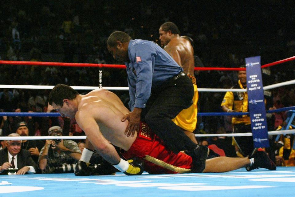 Fallen hero: Klitschko is felled by Lamon Brewster in 2004: Doug Benc/Getty Images