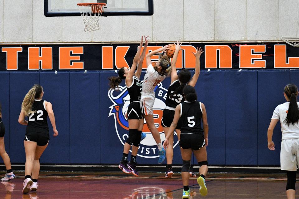 Berean Christian's Ashley Hendricks does up for a contested shot in the paint during the Bulldogs' regional quarterfinal victory over Boca Christian on Feb. 9, 2023.