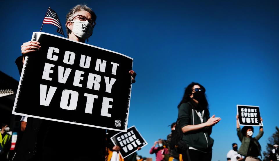 People participate in a protest in support of counting all votes on Nov. 4 in Philadelphia as the election in Pennsylvania is still unresolved. (Photo: Spencer Platt via Getty Images)