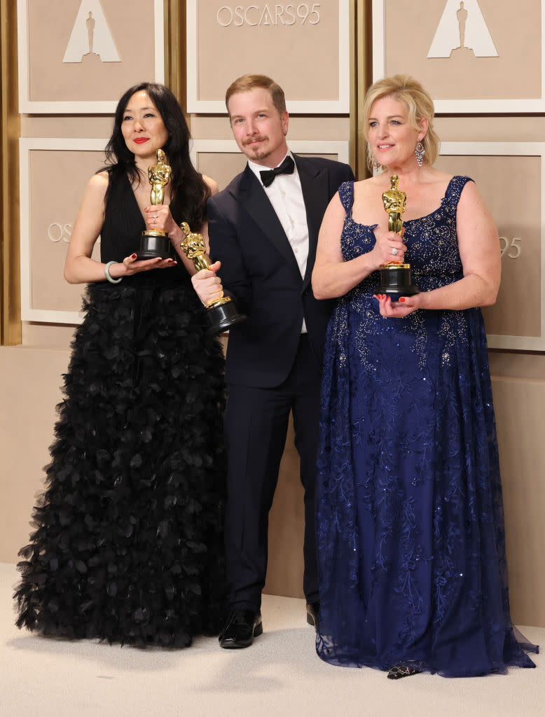 HOLLYWOOD, CALIFORNIA - MARCH 12: Judy Chin, Adrien Morot, and Annemarie Bradley, winner of Best Makeup and Hairstyling award for ’The Whale’ pose in the press room during the 95th Annual Academy Awards at Ovation Hollywood on March 12, 2023 in Hollywood, California. (Photo by Rodin Eckenroth/Getty Images)