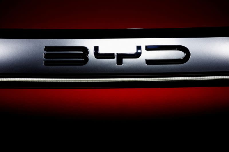 FILE PHOTO: BYD logo at 2022 Paris Auto Show