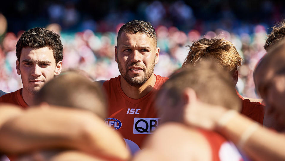 Lance Franklin (pictured middle) of the Swans was one of many AFL greats to support the Black Lives Matter movement. (Photo by Brett Hemmings/AFL Photos/via Getty Images)