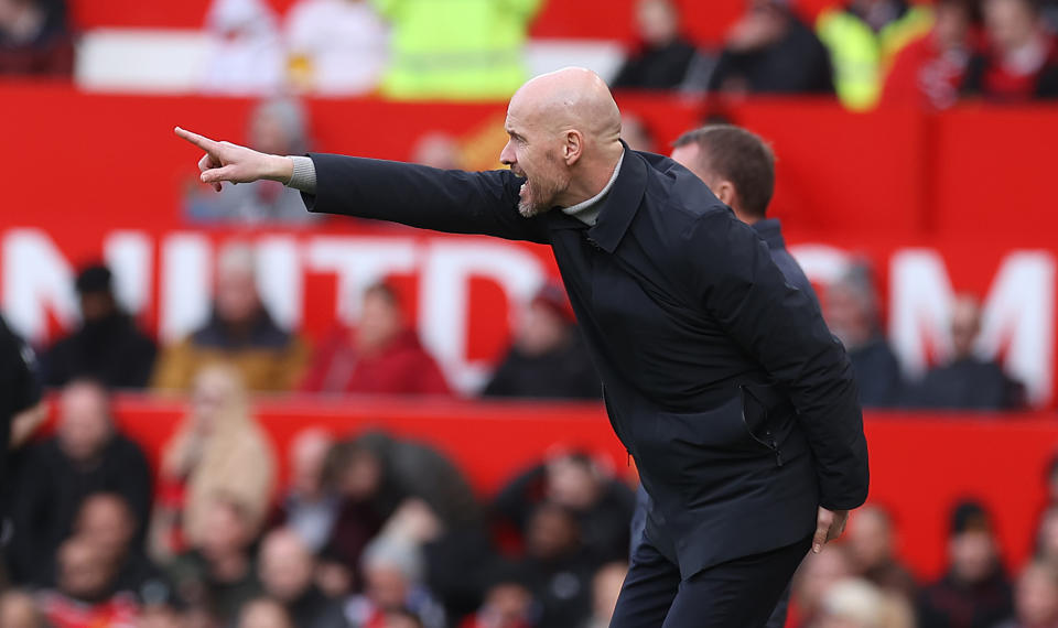 Manchester United manager Erik ten Hag directs his team from the touchline against Leicester City. 