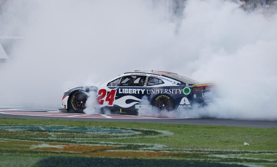 Sep 24, 2023; Fort Worth, Texas, USA; NASCAR Cup Series driver William Byron (24) after winning the AutoTrader EcoPark Automotive 400 at Texas Motor Speedway. Mandatory Credit: Michael C. Johnson-USA TODAY Sports