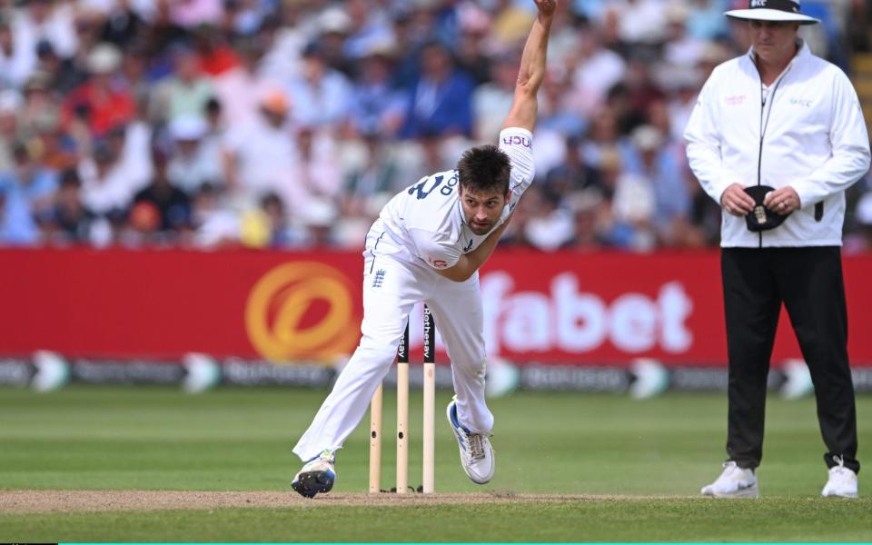 England bowler Mark Wood in bowling action during day one of the 3rd Test Match between England and West Indies at Edgbaston on July 26, 2024 in Birmingham, England