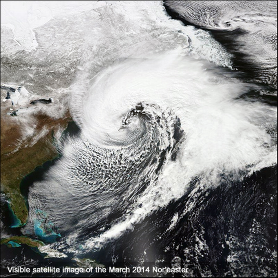 A satellite image of a nor’easter that hit in March 2014. While they can happen any time of the year, nor’easters, named for their winds that come out of the northeast, are the most violent from September to April.