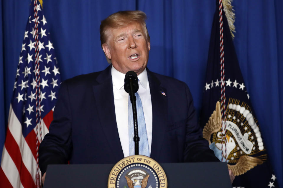 FILE - President Donald Trump speaks at his Mar-a-Lago estate on Jan. 3, 2019, in Palm Beach, Fla. The hush money case in New York that has led to criminal charges against Donald Trump is one of a number of investigations that could pose legal problems for the former president. (AP Photo/ Evan Vucci, File)