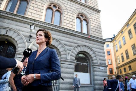 Opposition Moderate Party leader Anna Kinberg Batra comments on the government reshuffle after Prime Minister Stefan Lofven announced the removal of two ministers, in Stockholm, Sweden July 27, 2017. TT News Agency/Erik Simander via REUTERS