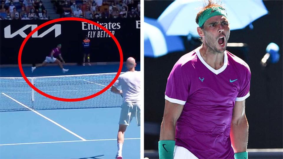 Rafa Nadal (pictured right) celebrates after winning the first set and (pictured left) Nadal hitting a forehand winner.