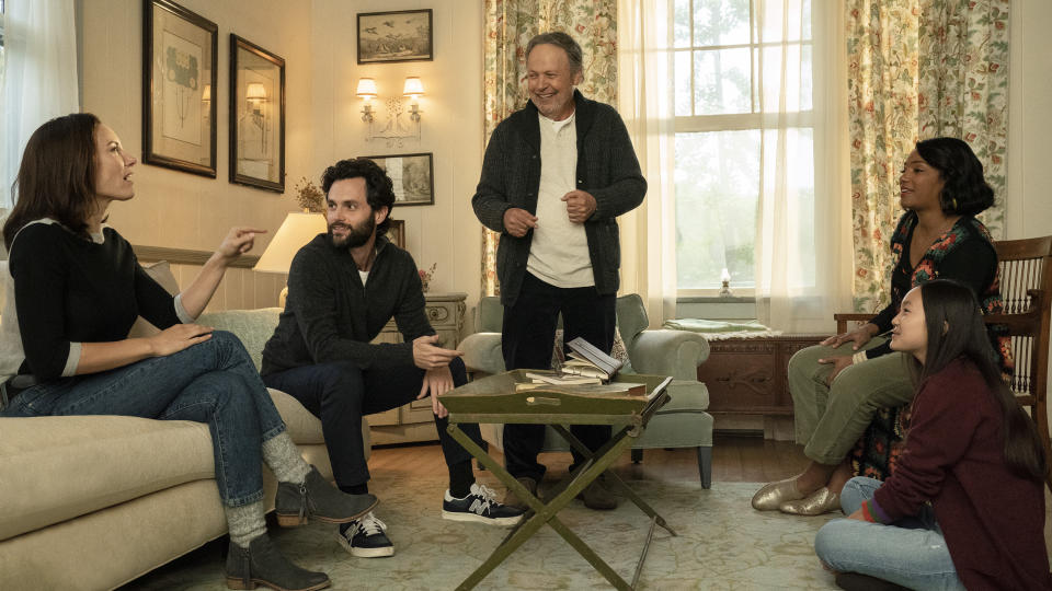 This image released by Sony Pictures shows, from left, Laura Benanti, Penn Badgley, Billy Crystal, Tiffany Haddish and Audrey Hsieh in a scene from "Here Today." (Cara Howe/Sony Pictures via AP)