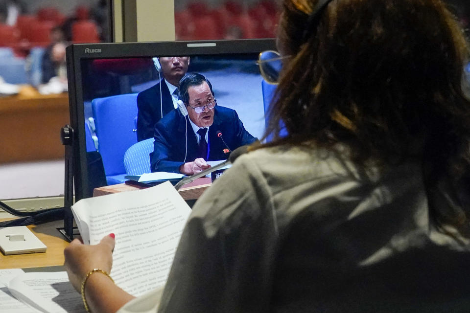 North Korean Ambassador to the United Nations Kim Song is seen on a translator's video screen as he addresses a Security Council meeting on Non-proliferation/North Korea, Thursday, July 13, 2023 at United Nations headquarters. (AP Photo/Mary Altaffer)