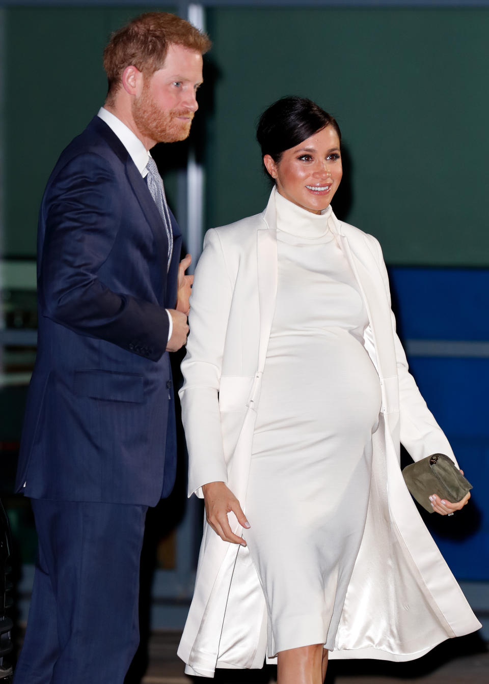 Markle wore a monochromatic look when attending a performance of <em>The Wider Earth</em> alongside Prince Harry after she began to show in early February. (Photo: Getty Images)