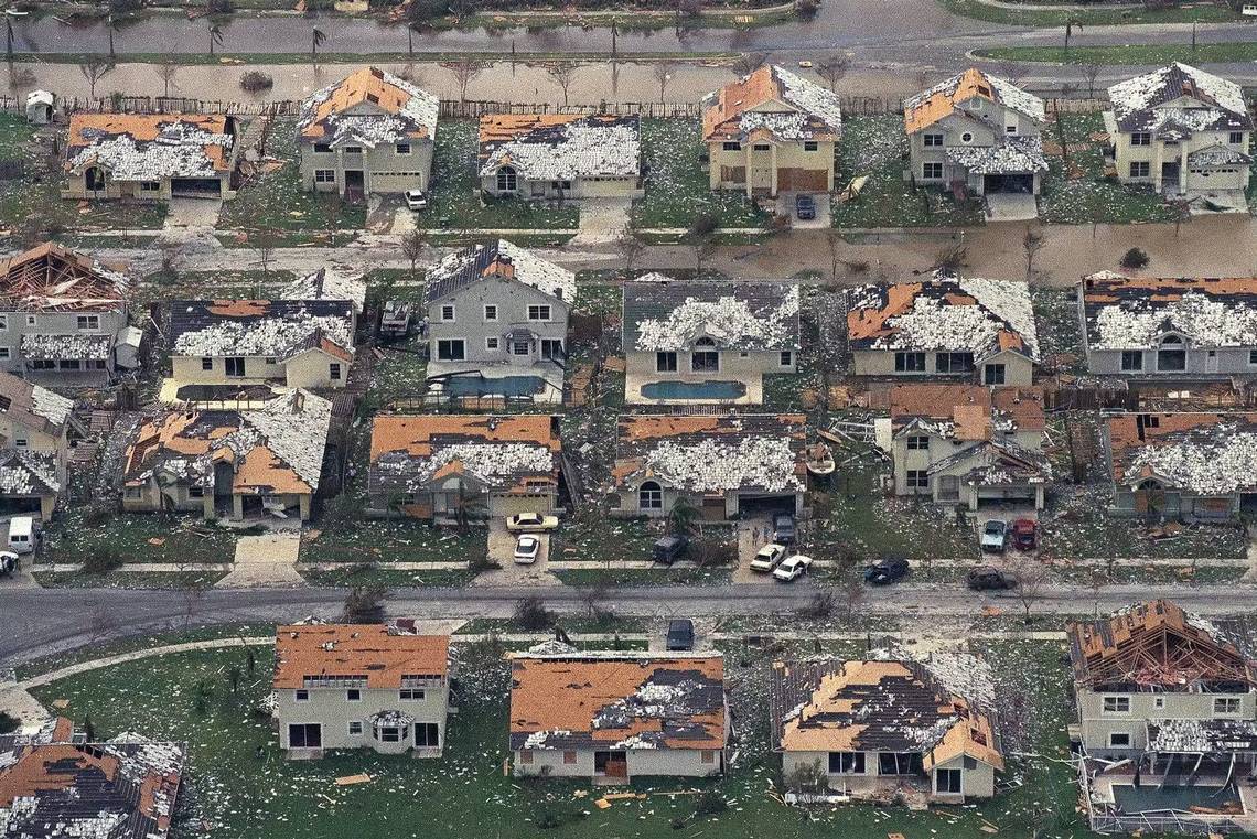 Hurricane Andrew hit South Florida with sustained winds of 165 mph and gusts over 200 mph as a Category 5 storm on Aug. 24, 1992. Andrew hammered Homestead and the rest of South Miami-Dade, killed 15 people in Miami-Dade and was indirectly responsible for at least 25 more deaths. It destroyed 25,000 homes in South Florida and damaged more than 101,000 others, as seen in this file photo.