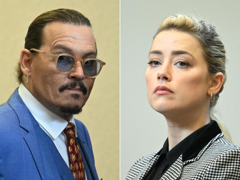 (COMBO) This combination of pictures created on June 1, 2022 shows US Actor Johnny Depp (L) attending the trial at the Fairfax County Circuit Courthouse in Fairfax, Virginia, on May 24, 2022 and US actress Amber Heard looking on in the courtroom at the Fairfax County Circuit Courthouse in Fairfax, Virginia, on May 24, 2022. - US actress Amber Heard said she was disappointed 