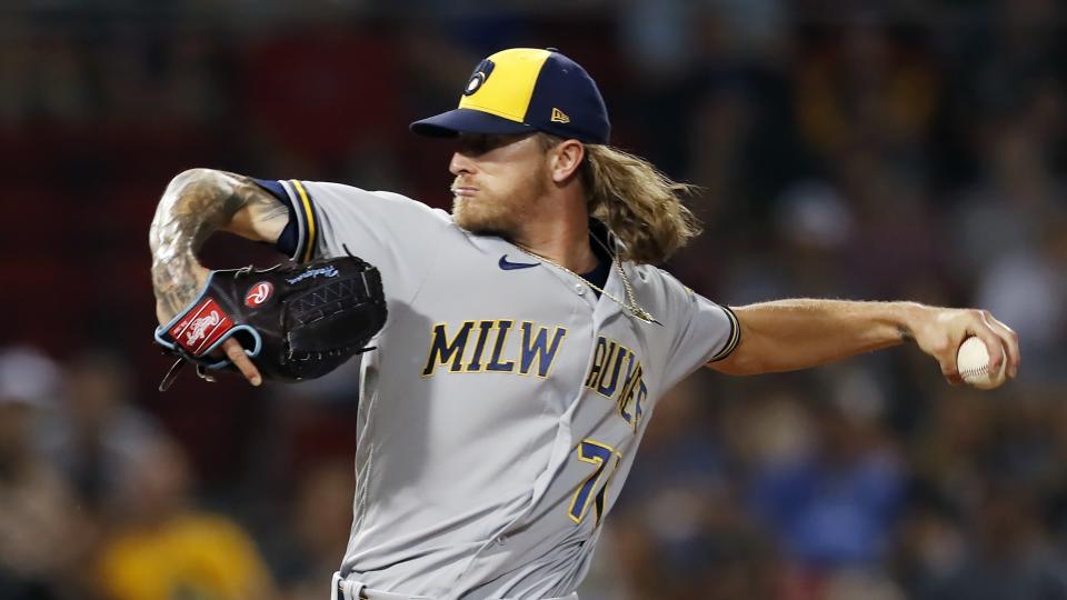 Milwaukee Brewers' Josh Hader pitches against the Boston Red Sox during the ninth inning of a baseball game, Friday, July 29, 2022, in Boston. (AP Photo/Michael Dwyer)