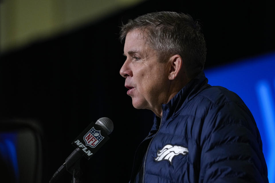 Denver Broncos head coach Sean Payton speaks during a press conference at the NFL football scouting combine in Indianapolis, Tuesday, Feb. 28, 2023. (AP Photo/Michael Conroy)