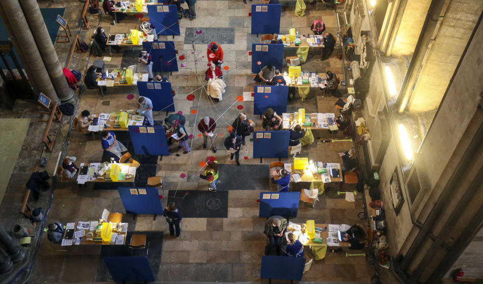 Cubicles erected inside Salisbury Cathedral, Wiltshire, for people to receive an injection of the Pfizer coronavirus vaccine.PA