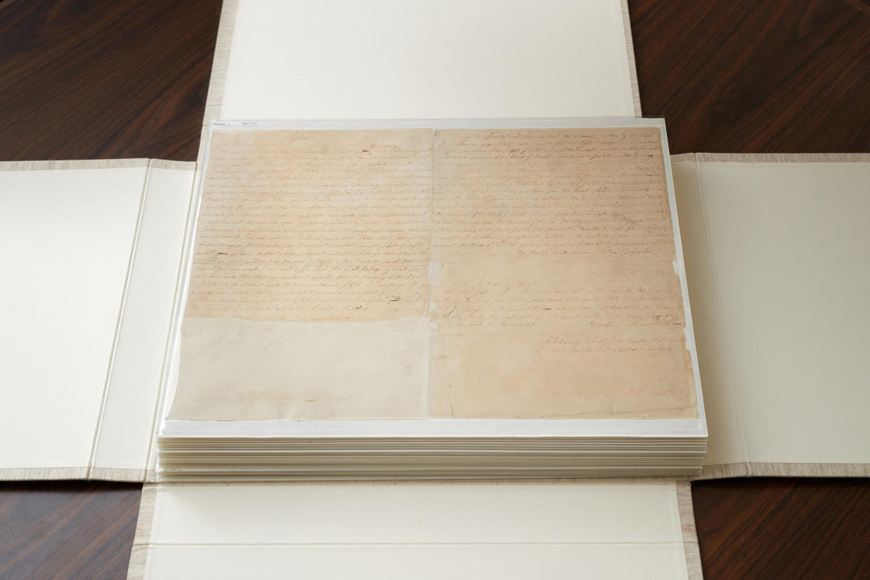 These are the first couple of pages of the printer's manuscript of the Book of Mormon. It is enclosed by folding the casing and then by sliding it into an additional case. (Photo: Intellectual Reserve Inc)