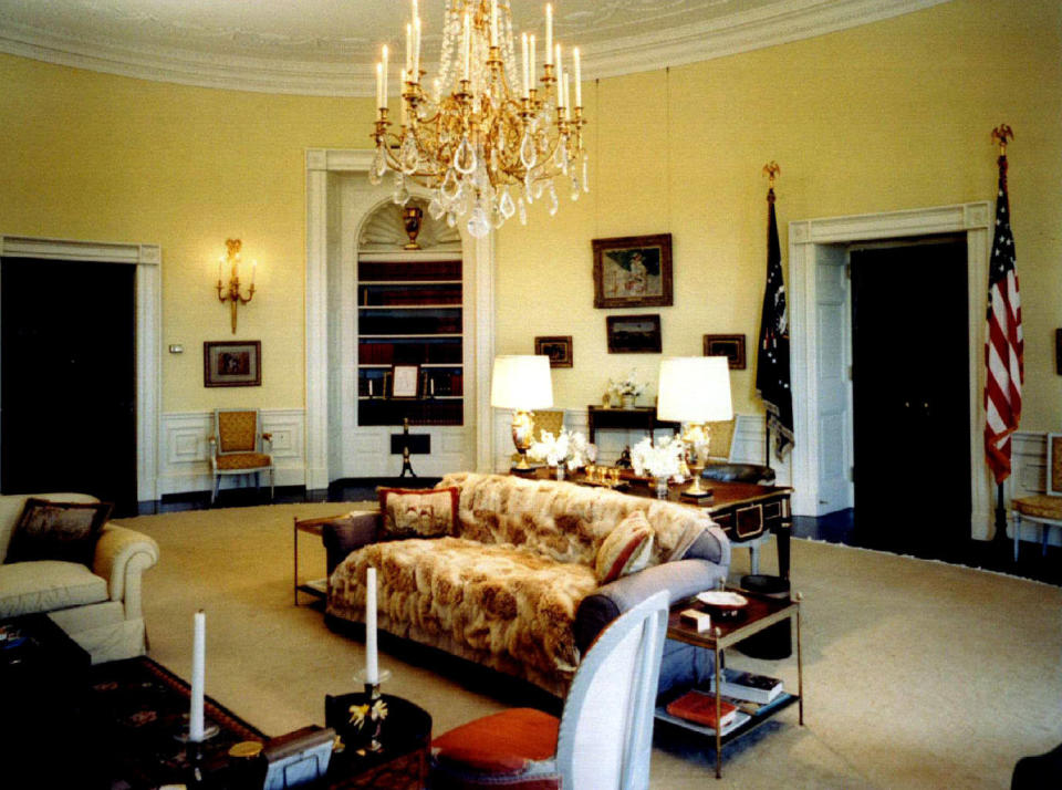 This photograph, from the estate of Jacqueline Kennedy Onassis, documents the Kennedy restoration of the Oval Office of the White House.