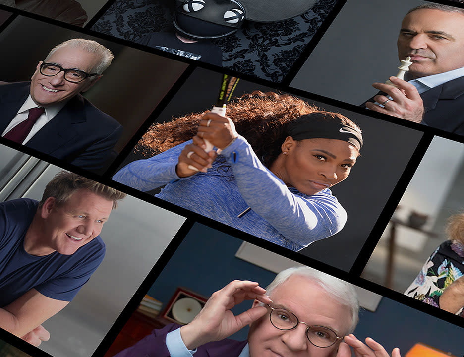 a collage of the famous people who teach courses on masterclass, including serena williams, steve martin and gordan ramsey