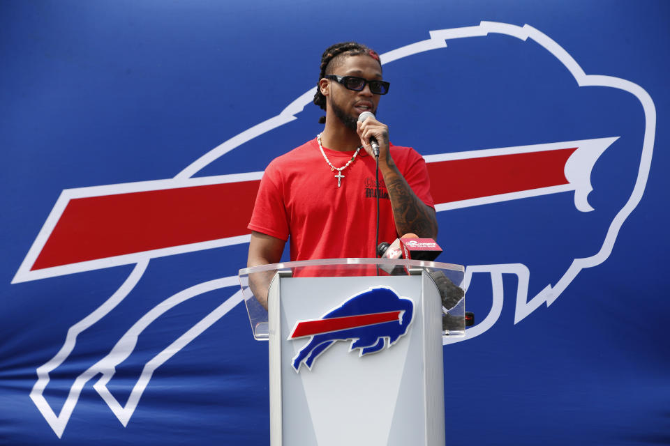 CAPTION CORRECTION: CORRECTS NAME SPELLING: Buffalo Bills defensive back Damar Hamlin announces the first program of his Chasing M's Foundation, the Chasing M's Foundation CPR Tour, Saturday June 3, 2023 in Orchard Park, N.Y. (AP Photo/Jeffrey T. Barnes)