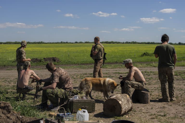 Los militares ucranianos se toman un descanso después de cavar trincheras cerca de la línea del frente en la región de Donetsk, en el este de Ucrania, el miércoles 8 de junio de 2022. (AP Photo/Bernat Armangue)