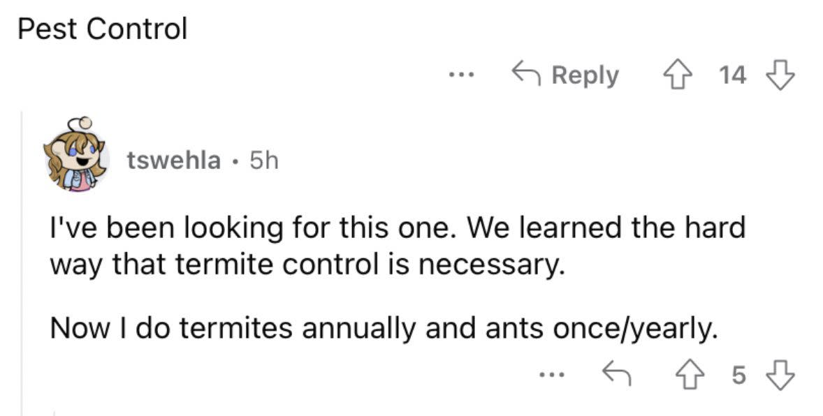 Reddit screenshot about the value of pest control