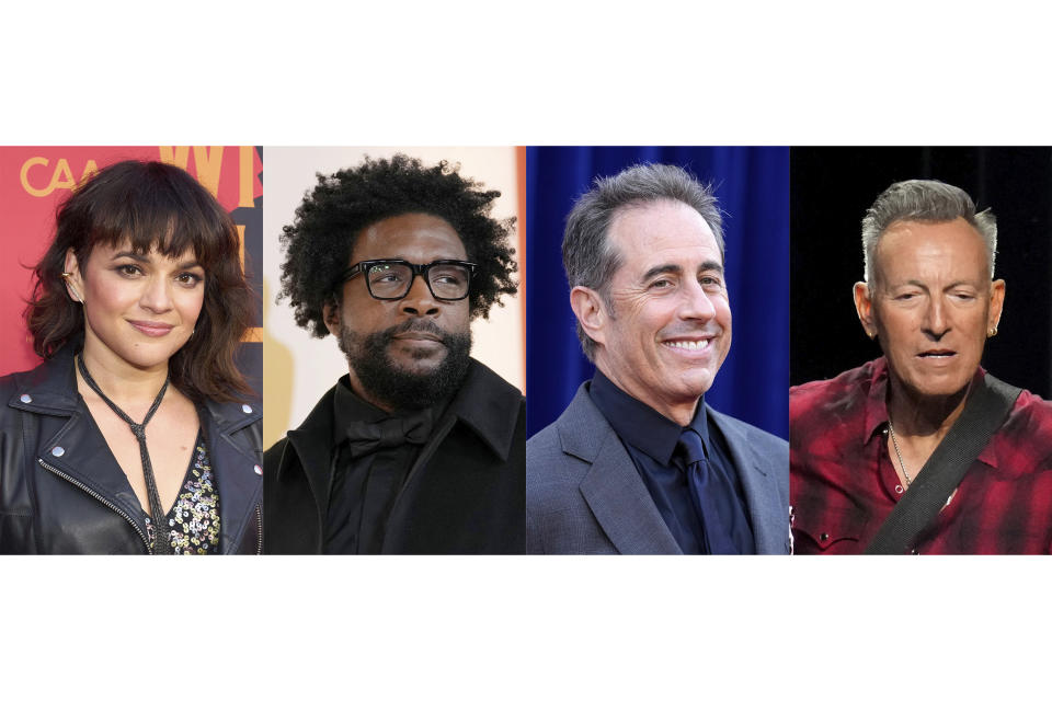 This combination of photos show Norah Jones, Questlove, Jerry Seinfeld and Bruce Springsteen, who will participate at the annual Stand Up for Heroes fundraiser on Nov. 11 at David Geffen Hall at the Lincoln Center for the Performing Arts in New York. (AP Photo)