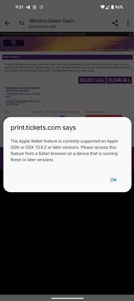 Users are receiving an error when trying to grab an Apple pass file, which prompts them to switch to its Safari browser on Android.