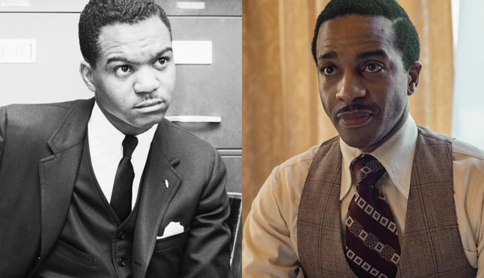 (L) - Walter Fauntroy meets with other civil rights activists after the assassination of Martin Luther King Jr. (R) - André Holland as Walter Fauntroy in Netflix's "Shirley".