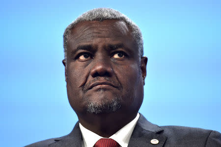 African Union Commission Chairperson Moussa Faki Mahamat holds a joint news conference after an international High-Level Conference on Sahel in Brussels, Belgium February 23, 2018. REUTERS/Eric Vidal