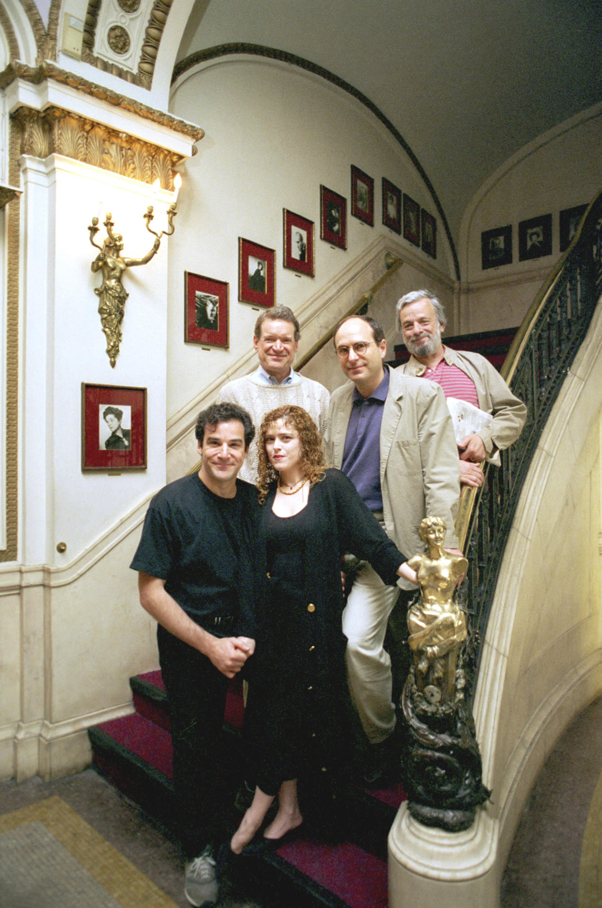 FILE - The original Broadway cast of "Sunday in the Park with George," Mandy Patinkin, Charles Kimbrough, top left, and Bernadette Peters, bottom right, join director James Lapine and composer-lyricist Stephen Sondheim, top right, at the Lyceum Theater in New York, Saturday, May 14, 1994. The musical by Lapine and Sondheim won the Pulitzer Prize in 1984. Kimbrough, a Tony- and Emmy-nominated actor who played a straight-laced news anchor opposite Candice Bergen on "Murphy Brown," died Jan. 11, 2023, in Culver City, Calif. He was 86. (AP Photo/Mark Lennihan, File)