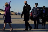 President-elect Joe Biden and his wife Jill Biden arrive at Andrews Air Force Base, Tuesday, Jan. 19, 2021, in Andrews Air Force Base, Md. (AP Photo/Evan Vucci)