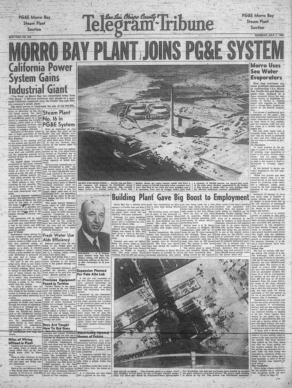 Telegram-Tribune shows one smoke stack started the Morro Bay Power plant built by Bechtel for PG&E in July 1955.