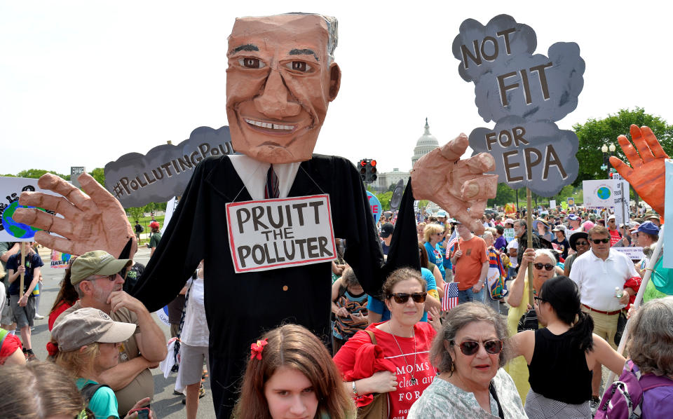 <span class="s1">A giant puppet depicting EPA Administrator Scott Pruitt joined the People’s Climate March in Washington in April 2017. (Photo: Mike Theiler/Reuters)</span>