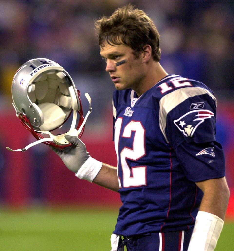 Showing&nbsp;frustration after failing to make a two point conversion in the fourth quarter against the Denver Broncos in Foxborough, Massachusetts, on Oct. 27, 2002.