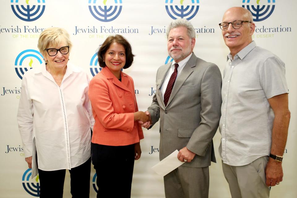 Jewish Federation of the Desert Co-President Cora Ginsberg, left, Anti-Defamation League Education Director Annie Ortega-Long, JFED CEO Alan Potash, and JFED Vice President of Campaign Arnie Gillman, during the Grant Distribution Event in Rancho Mirage, Calif., on August 22, 2022. 
