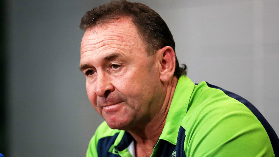 Canberra coach Ricky Stuart is seen here fronting the media.