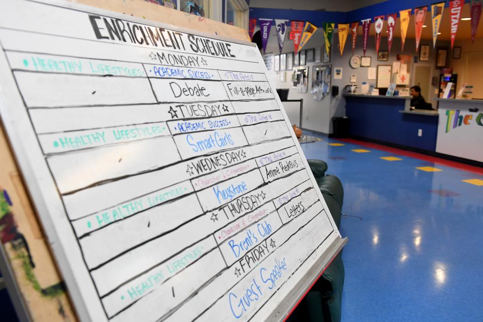 A schedule of activities sits on display at the Boys & Girls Club Teen Center in Oxnard on Monday. With fewer arrests and incarcerations of juvenile offenders in recent years, local city and police officials give the clubs and other youth programs some credit for giving youths alternatives to crime.