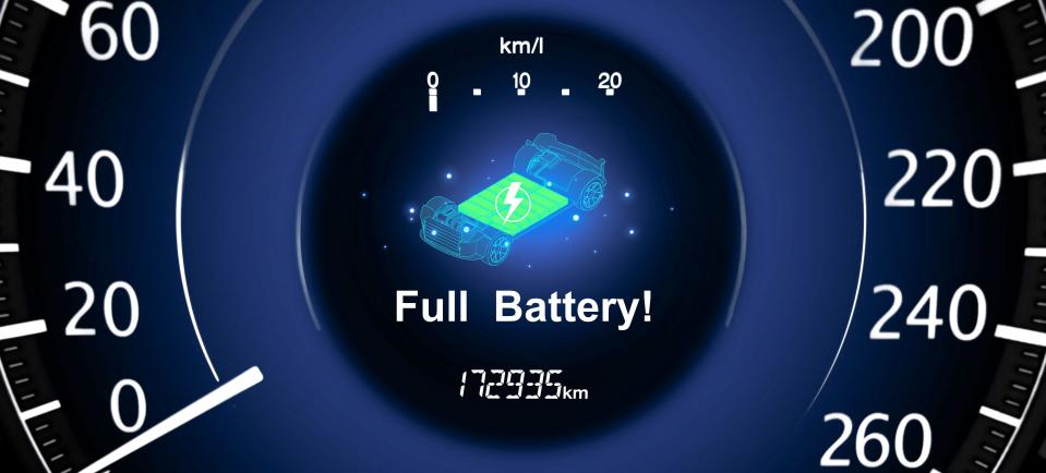 Full battery warning light on speedometer instrument panel of EV electric vehicle, Electric car technology concept.