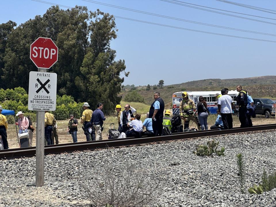 Several cars on an Amtrak train that derailed in Moorpark Wednesday. Authorities reported no serious injuries among the train's 190 passengers.