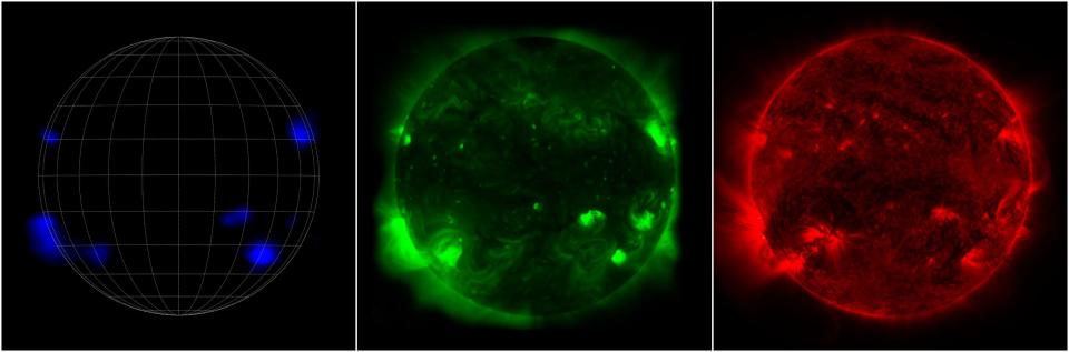 The sun appears different depending on who’s looking. From left, NASA’s NuSTAR sees high-energy X-rays; the Japanese Aerospace Exploration Agency’s Hinode mission sees lower energy X-rays; and NASA’s Solar Dynamics Observatory sees ultraviolet light. | NASA/JPL-Caltech/JAXA