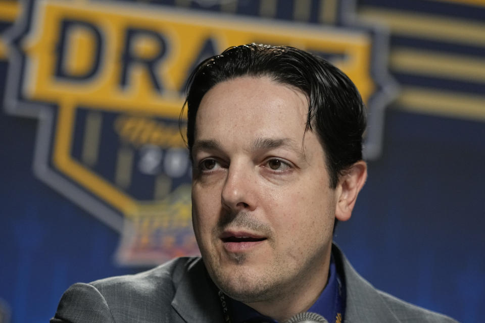 Philadelphia Flyers general manager Daniel Brière responds to questions after the second day of the NHL hockey draft Thursday, June 29, 2023, in Nashville, Tenn. (AP Photo/George Walker IV)