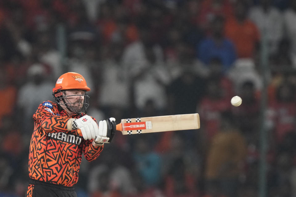 Sunrisers Hyderabad's Travis Head plays a shot during the Indian Premier League cricket match between Sunrisers Hyderabad and Lucknow Super Giants in Hyderabad, India, Wednesday, May 8, 2024. (AP Photo/Mahesh Kumar A.)